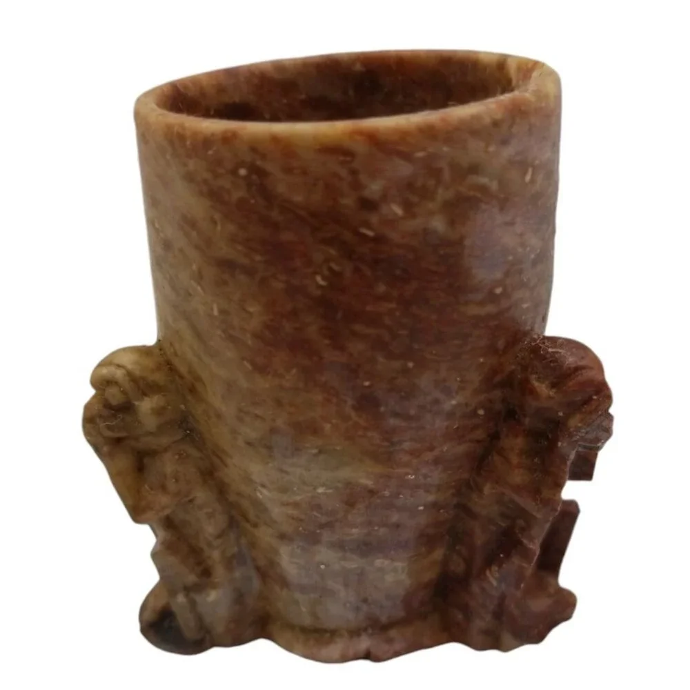 Vintage Hand-Carved Stone Cup With 3 Wise Monkeys See Hear Speak No Evil - Picture 3 of 11